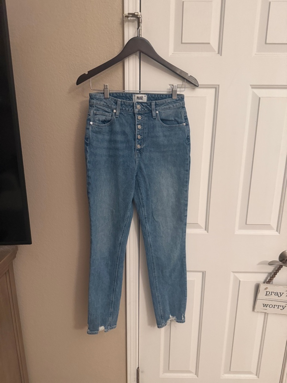 PAIGE Sarah slim size 27 High-Rise Button-Fly in Light Blue Denim. Like new.